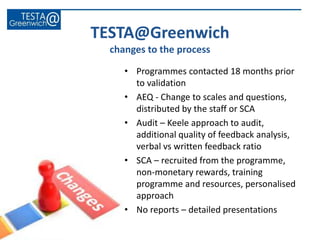 • Programmes contacted 18 months prior
to validation
• AEQ - Change to scales and questions,
distributed by the staff or SCA
• Audit – Keele approach to audit,
additional quality of feedback analysis,
verbal vs written feedback ratio
• SCA – recruited from the programme,
non-monetary rewards, training
programme and resources, personalised
approach
• No reports – detailed presentations
TESTA@Greenwich
changes to the process
 
