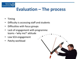Evaluation – The process
• Timing
• Difficulty is accessing staff and students
• Difficulties with focus groups
• Lack of engagement with programme
teams –’why me?’ attitude
• Low SCA engagement
• Patchy workload
 