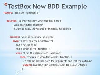 * 
feature( "Box Size", function(){
 
    describe( "In order to know what size box I need
              As a distribution manager
              I want to know the volume of the box", function(){
 
        scenario( "Get box volume", function(){
            given( "I have entered a width of 20
                And a height of 30
                And a depth of 40", function(){
                when( "I run the calculation", function(){
                      then( "the result should be 24000", function(){
                          // call the method with the arguments and test the outcome
                          expect( myObject.myFunction(20,30,40) ).toBe( 24000 );
                      });
                 });
 