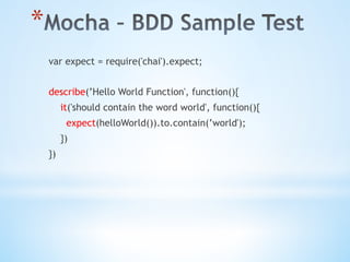 * 
var expect = require('chai').expect;
describe(’Hello World Function', function(){
it('should contain the word world', function(){
expect(helloWorld()).to.contain(’world');
})
})
 