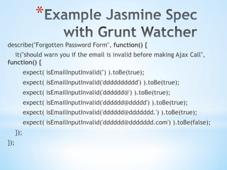 * 
describe("Forgotten Password Form", function() {
it("should warn you if the email is invalid before making Ajax Call",
function() {
expect( isEmailInputInvalid('') ).toBe(true);
expect( isEmailInputInvalid('dddddddddd') ).toBe(true);
expect( isEmailInputInvalid('dddddd@') ).toBe(true);
expect( isEmailInputInvalid('dddddd@ddddd') ).toBe(true);
expect( isEmailInputInvalid('dddddd@ddddddd.') ).toBe(true);
expect( isEmailInputInvalid('dddddd@ddddddd.com') ).toBe(false);
});
});
 