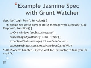 * 
describe("Login Form", function() {
it("should set status correct status message with successful Ajax
Response", function() {
spyOn( window, "setStatusMessage");
processLoginAjaxDone('{"RESULT":"200"}');
expect(setStatusMessage).toHaveBeenCalled();
expect(setStatusMessage).toHaveBeenCalledWith(
‘TARDIS Access Granted - Please wait for the Doctor to take you for
a spin');
});
});
 