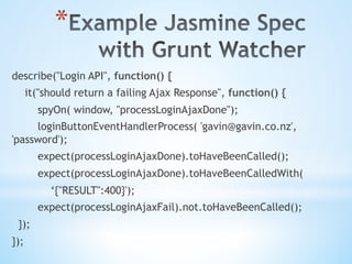 * 
describe("Login API", function() {
it("should return a failing Ajax Response", function() {
spyOn( window, "processLoginAjaxDone");
loginButtonEventHandlerProcess( 'gavin@gavin.co.nz',
'password');
expect(processLoginAjaxDone).toHaveBeenCalled();
expect(processLoginAjaxDone).toHaveBeenCalledWith(
‘{"RESULT":400}');
expect(processLoginAjaxFail).not.toHaveBeenCalled();
});
});
 