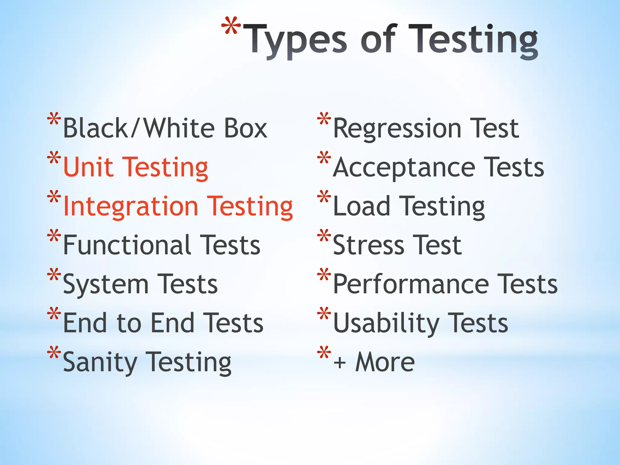 * *Black/White Box *Unit Testing *Integration Testing *Functional Tests *System Tests *End to End Tests *Sanity Testing *Regression Test *Acceptance Tests *Load Testing *Stress Test *Performance Tests *Usability Tests *+ More 