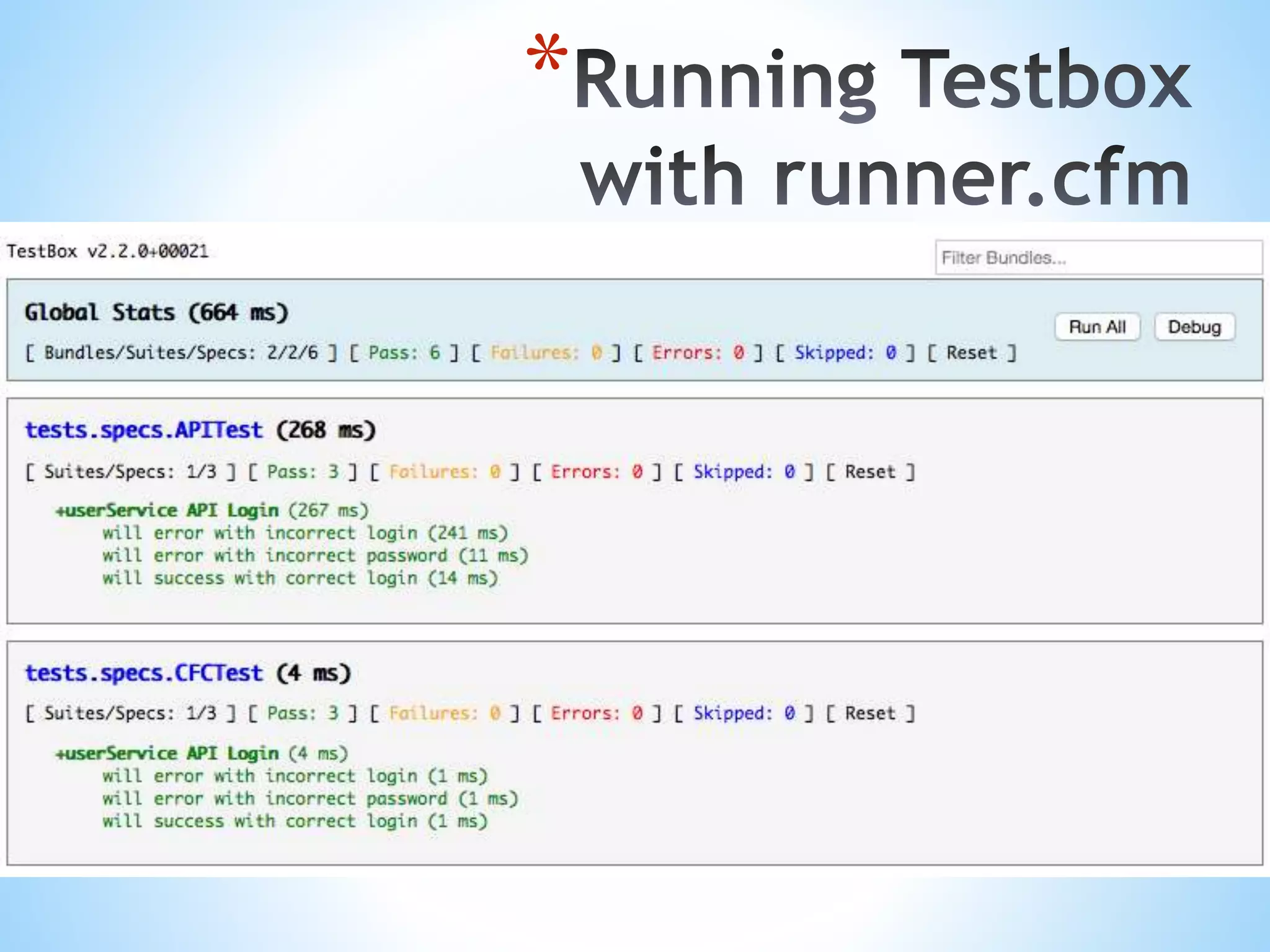 * *Install Testbox Runner – Thanks Sean Coyne *npm install testbox-runner *Install Grunt Shell *npm install grunt-shell *Add Grunt Configuration 