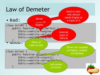 Construction of objects II Bad: class Car { public function __construct() { $this->engine = new Engine(); $this->tire  = TireFactory::createTire(); } } 