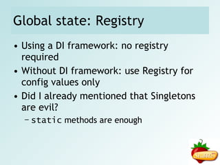 Dependency Injection Pile of  new  (startup phase) Create objects and stack them together "Boilerplate", but automatable with DI framework Pile of objects (runtime phase) Business logic, error handling, etc. Factories or DI instances for runtime object creation 