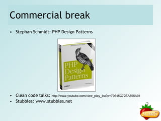 Law of Demeter Bad: class Driver { public function drive($miles) { $this->vehicle->engine->start(); $this->vehicle->drive($miles); $this->vehicle->engine->stop(); } Internal state of Vehicle revealed Driver coupled to Engine Hard to test: test always needs Engine or a mock of it 