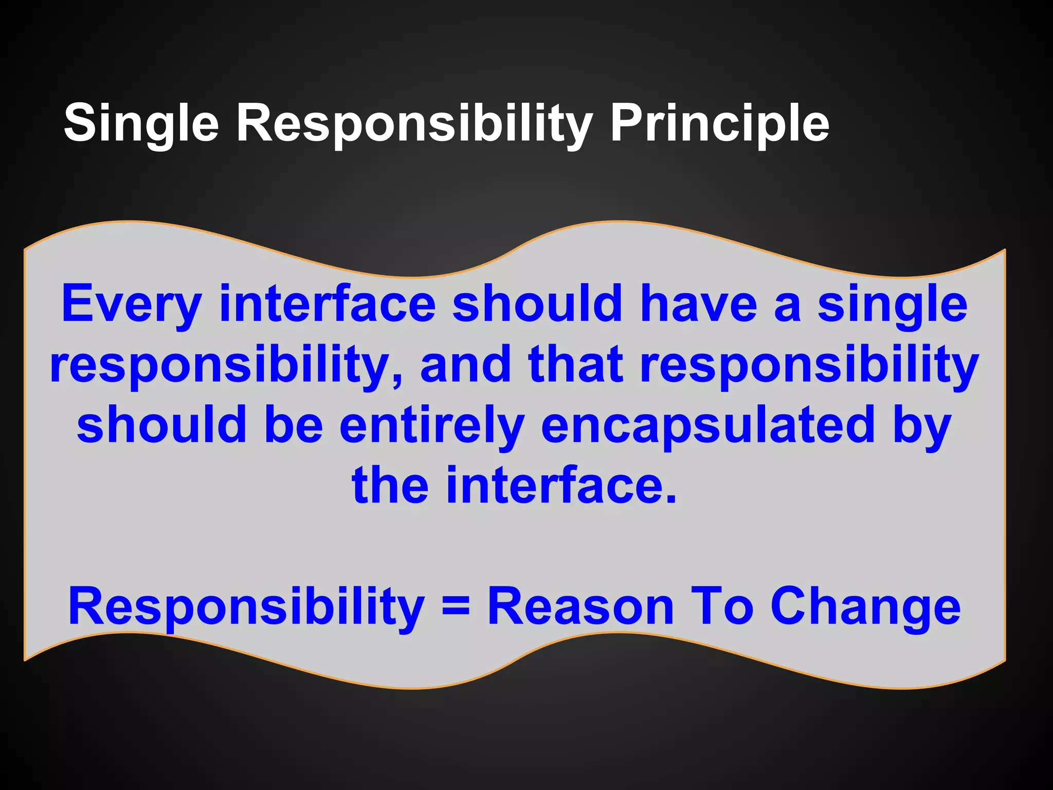 Interfaces not Implementation
function test(repo) {
var id = 99, user = { id: id, ... };
repo.save(user);
expect(repo.get(id)).toEqual(user);
}
var repo = new UserRepoS3(key, secret, bucket);
test(repo);
Test the interface
 