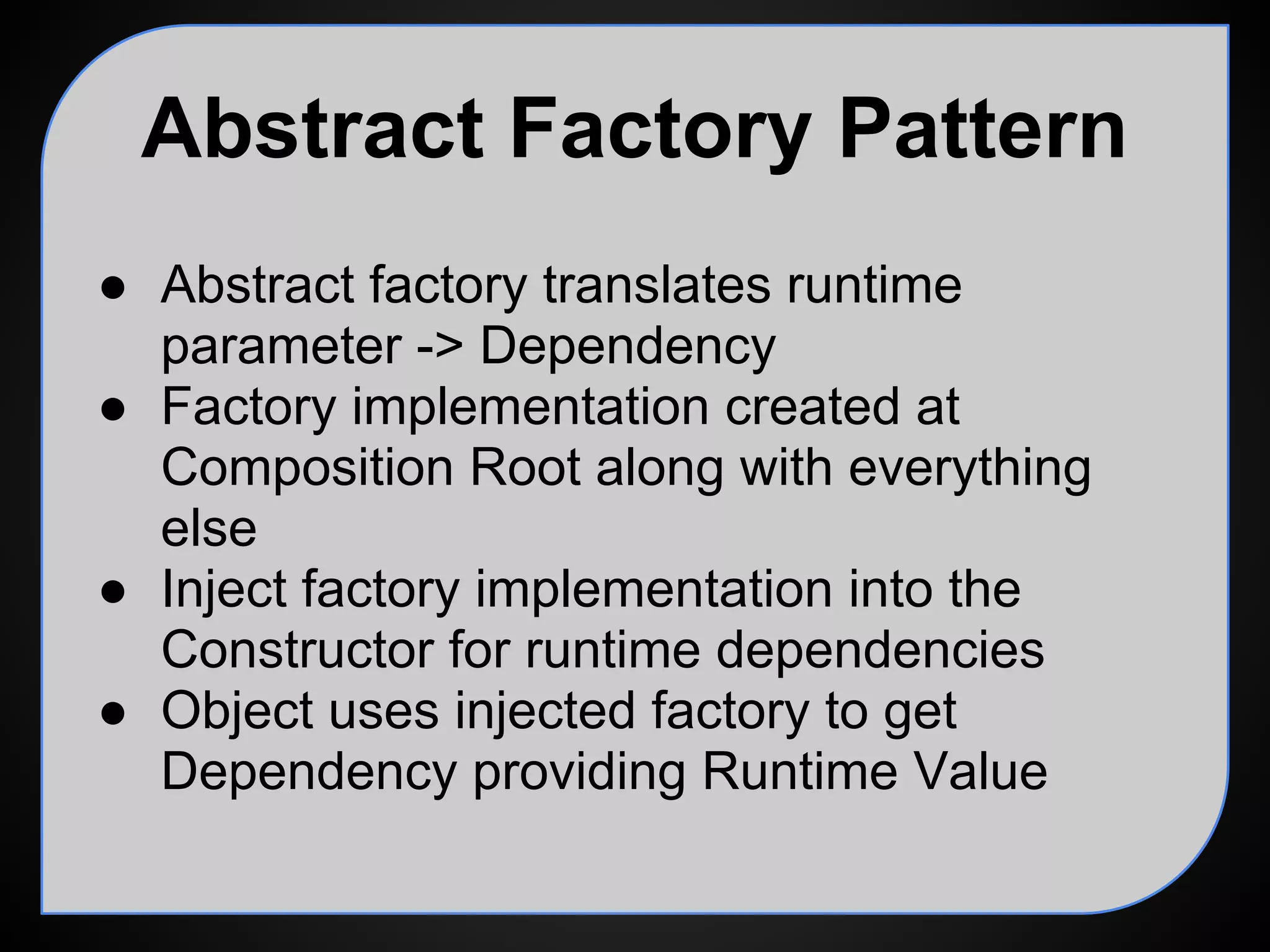 Mocking Abstract Factories
var TestFactoryImpl = function(expectedType, mockMatch) {
this.expectedType = expectedType;
this.mockMach = mockMatch;
};
TestFactoryImpl.prototype = Object.create(FindMatchFactory);
TestFactoryImpl.prototype.getMatchImplementation(type) {
expect(type).toEqual(this.expectedType);
return this.mockMatch;
};
 