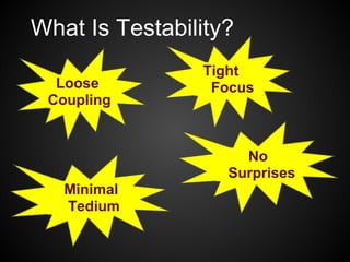 Loose
Coupling
Tight
Focus
No
Surprises
What Is Testability?
Minimal
Tedium
 