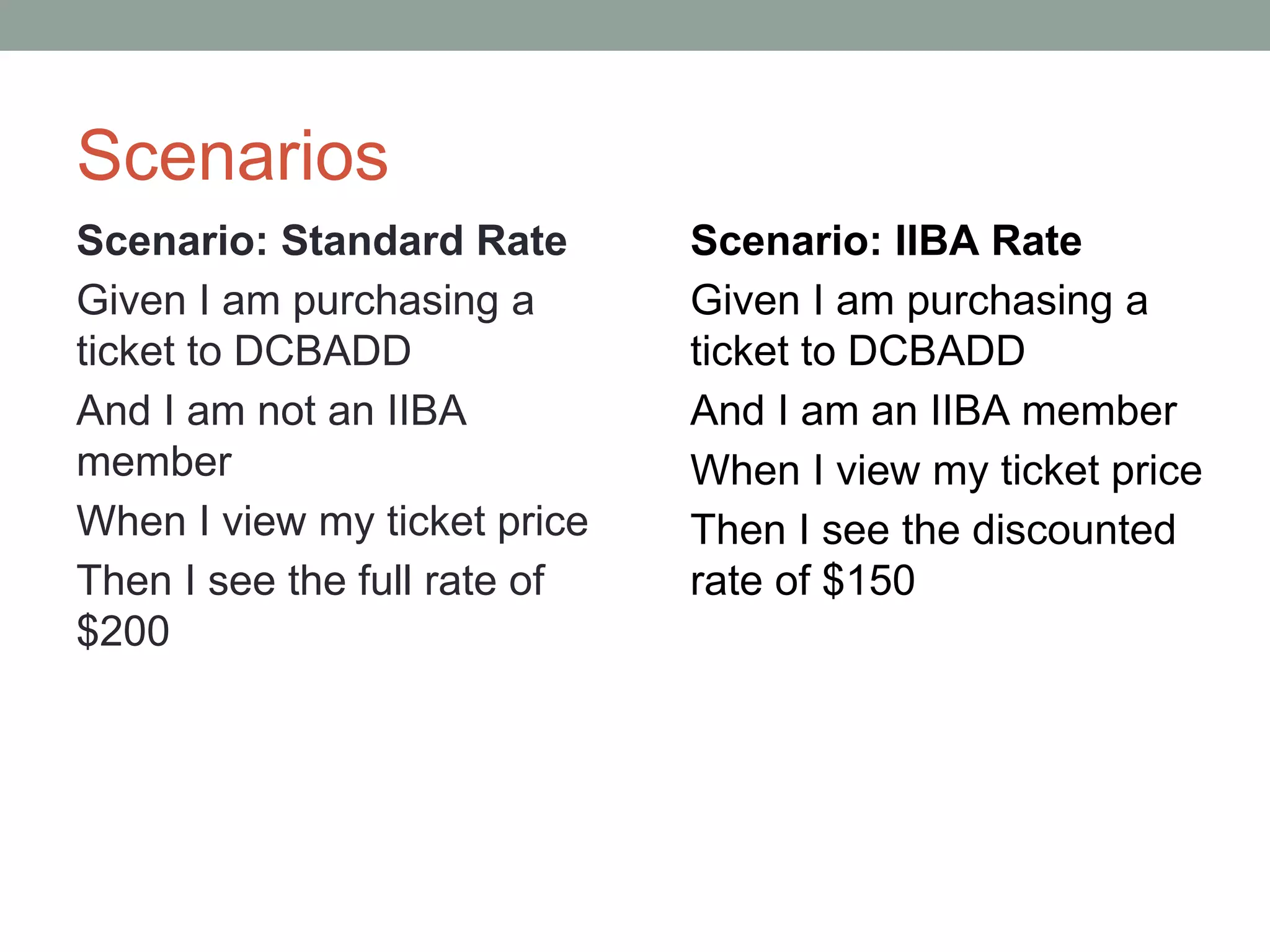 Scenarios
Scenario: Standard Rate
Given I am purchasing a
ticket to DCBADD
And I am not an IIBA
member
When I view my ticket price
Then I see the full rate of
$200
Scenario: IIBA Rate
Given I am purchasing a
ticket to DCBADD
And I am an IIBA member
When I view my ticket price
Then I see the discounted
rate of $150
 