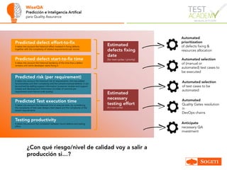 WiseQA
Predicción e Inteligencia Artifical
para Quality Assurance
Predicted defect effort-to-fix
It takes into account the historical effort invested in fixing defects,
together with the complexity of related requirements/user stories.
Predicted defect start-to-fix time
It takes into account the historical tendency of the time that a defect
remains until some developer starts fixing it.
Predicted risk (per requirement)
It takes into account the historical risk of requirements, the new added
functionalities and their complexity and the solved/unsolved defects. It can
be evolved by adding support information (customer reviews and support
tickets) and development information (number of commits per
requirement and internal code quality)
Predicted Test execution time
It takes into account the historical time to execute tests, by considering
the complexity of test case designs (test steps) and the complexity of the
tested requirements.
Testing productivity
It takes into account the correlation between found defects and testing
effort.
Estimated
defects fixing
date
(for next cycles / priority)
Estimated
necessary
testing effort
(for next cycles)
Automated
prioritization
of defects fixing &
resources allocation
Automated selection
of (manual or
automated) test cases to
be executed
Automated selection
of test cases to be
automated
Automated
Quality Gates resolution
in
DevOps chains
Anticipate
necessary QA
investment
¿Con qué riesgo/nivel de calidad voy a salir a
producción si…?
 
