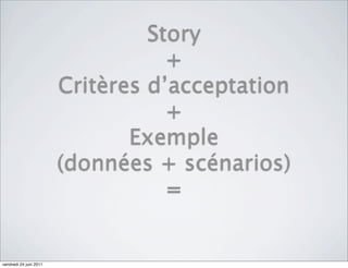 Story
                                   +
                        Critères d’acceptation
                                   +
                               Exemple
                        (données + scénarios)
                                   =


vendredi 24 juin 2011
 
