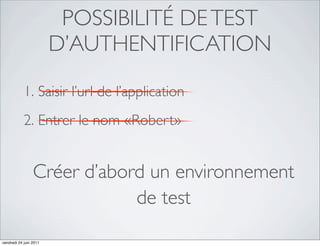 POSSIBILITÉ DE TEST
                        D’AUTHENTIFICATION

            1. Saisir l’url de l’application
            2. Entrer le nom «Robert»


                 Créer d’abord un environnement
                             de test

vendredi 24 juin 2011
 