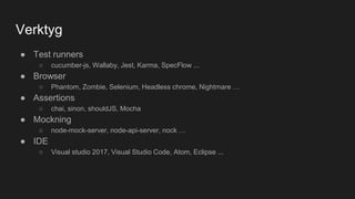 Verktyg
● Test runners
○ cucumber-js, Wallaby, Jest, Karma, SpecFlow ...
● Browser
○ Phantom, Zombie, Selenium, Headless chrome, Nightmare …
● Assertions
○ chai, sinon, shouldJS, Mocha
● Mockning
○ node-mock-server, node-api-server, nock …
● IDE
○ Visual studio 2017, Visual Studio Code, Atom, Eclipse ...
 