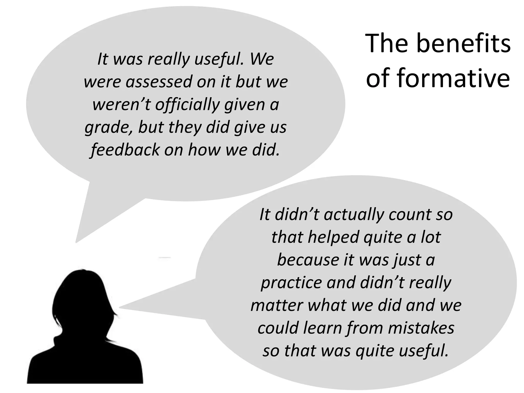 It was really useful. We
were assessed on it but we
weren’t officially given a
grade, but they did give us
feedback on how we did.
It didn’t actually count so
that helped quite a lot
because it was just a
practice and didn’t really
matter what we did and we
could learn from mistakes
so that was quite useful.
The benefits
of formative
 
