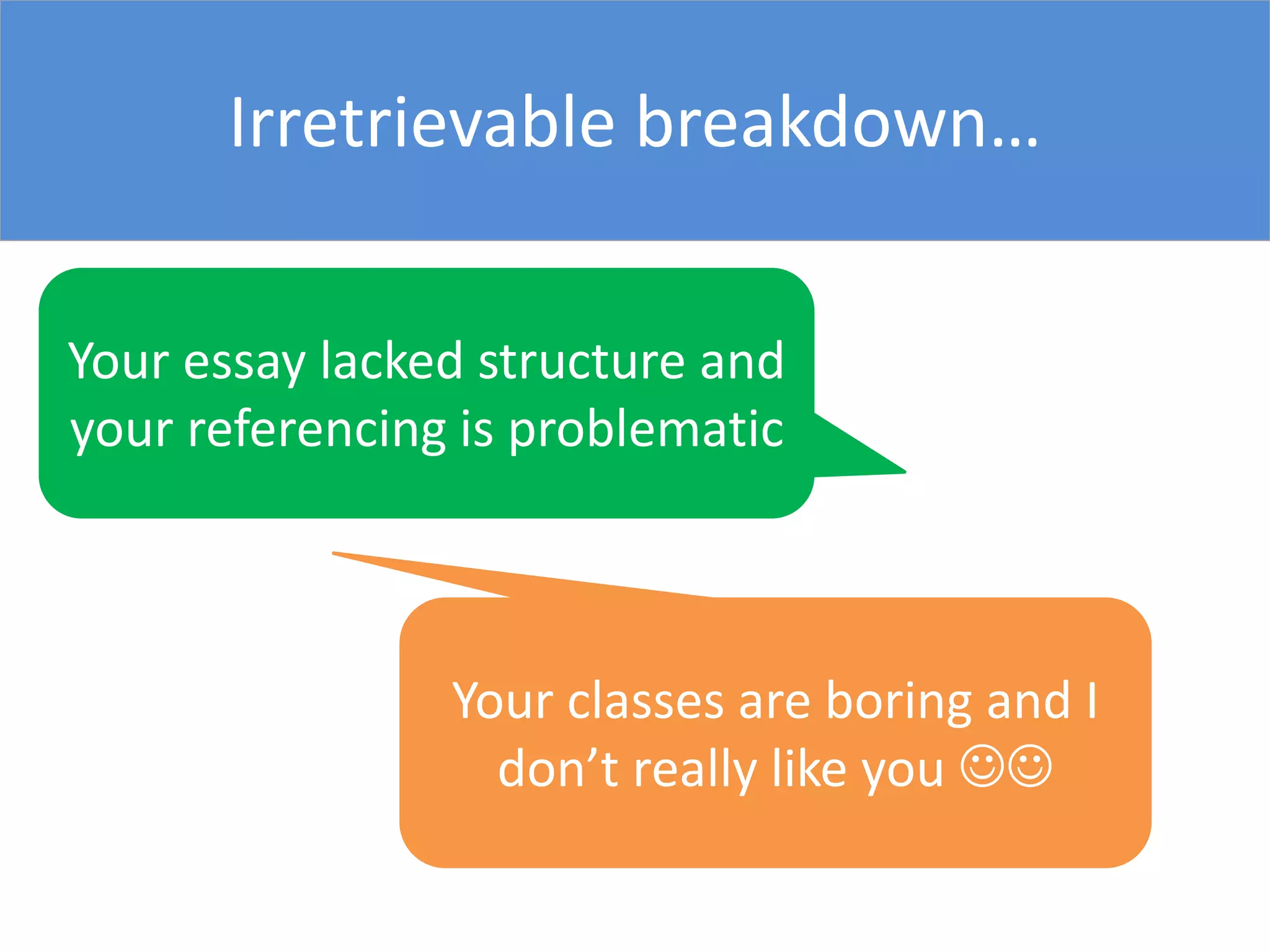 Irretrievable breakdown…
Your essay lacked structure and
your referencing is problematic
Your classes are boring and I
don’t really like you 
 