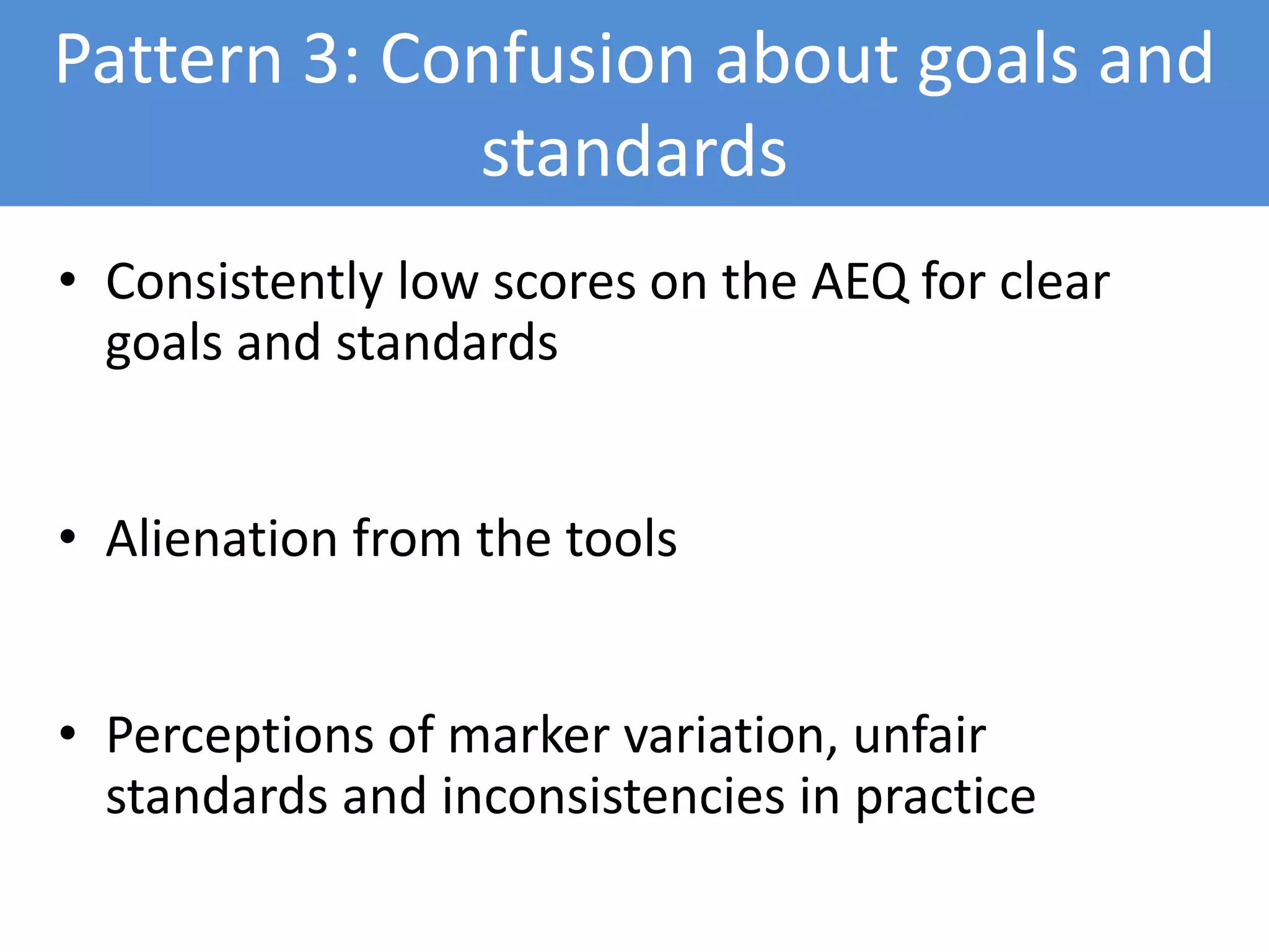 Pattern 3: Confusion about goals and
standards
• Consistently low scores on the AEQ for clear
goals and standards
• Alienation from the tools
• Perceptions of marker variation, unfair
standards and inconsistencies in practice
 