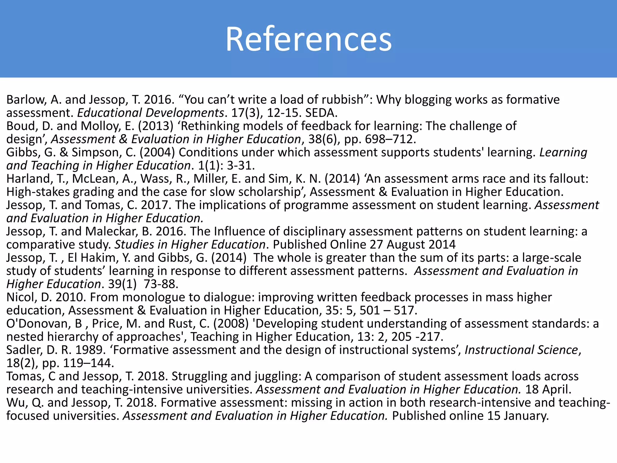 References
Barlow, A. and Jessop, T. 2016. “You can’t write a load of rubbish”: Why blogging works as formative
assessment. Educational Developments. 17(3), 12-15. SEDA.
Boud, D. and Molloy, E. (2013) ‘Rethinking models of feedback for learning: The challenge of
design’, Assessment & Evaluation in Higher Education, 38(6), pp. 698–712.
Gibbs, G. & Simpson, C. (2004) Conditions under which assessment supports students' learning. Learning
and Teaching in Higher Education. 1(1): 3-31.
Harland, T., McLean, A., Wass, R., Miller, E. and Sim, K. N. (2014) ‘An assessment arms race and its fallout:
High-stakes grading and the case for slow scholarship’, Assessment & Evaluation in Higher Education.
Jessop, T. and Tomas, C. 2017. The implications of programme assessment on student learning. Assessment
and Evaluation in Higher Education.
Jessop, T. and Maleckar, B. 2016. The Influence of disciplinary assessment patterns on student learning: a
comparative study. Studies in Higher Education. Published Online 27 August 2014
Jessop, T. , El Hakim, Y. and Gibbs, G. (2014) The whole is greater than the sum of its parts: a large-scale
study of students’ learning in response to different assessment patterns. Assessment and Evaluation in
Higher Education. 39(1) 73-88.
Nicol, D. 2010. From monologue to dialogue: improving written feedback processes in mass higher
education, Assessment & Evaluation in Higher Education, 35: 5, 501 – 517.
O'Donovan, B , Price, M. and Rust, C. (2008) 'Developing student understanding of assessment standards: a
nested hierarchy of approaches', Teaching in Higher Education, 13: 2, 205 -217.
Sadler, D. R. 1989. ‘Formative assessment and the design of instructional systems’, Instructional Science,
18(2), pp. 119–144.
Tomas, C and Jessop, T. 2018. Struggling and juggling: A comparison of student assessment loads across
research and teaching-intensive universities. Assessment and Evaluation in Higher Education. 18 April.
Wu, Q. and Jessop, T. 2018. Formative assessment: missing in action in both research-intensive and teaching-
focused universities. Assessment and Evaluation in Higher Education. Published online 15 January.
 