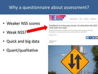 Why a questionnaire about assessment?
• Weaker NSS scores
• Weak NSS?
• Quick and big data
• Quant/qualitative
 