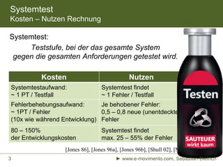 Systemtest
Kosten – Nutzen Rechnung
Kosten Nutzen
Systemtestaufwand:
~ 1 PT / Testfall
Systemtest findet
~ 1 Fehler / Testfall
Fehlerbehebungsaufwand:
~ 1PT / Fehler
(10x wie während Entwicklung)
Je behobener Fehler:
0,5 – 0,8 neue (unentdeckte)
Fehler
80 – 150%
der Entwicklungskosten
Systemtest findet
max. 25 – 55% der Fehler
Systemtest:
Teststufe, bei der das gesamte System
gegen die gesamten Anforderungen getestet wird.
[Jones 86], [Jones 96a], [Jones 96b], [Shull 02], [McConnell 04]
► www.e-movimento.com, Sebastian Dietrich3
 