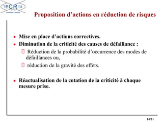 14/21
Proposition d’actions en réduction de risques
● Mise en place d’actions correctives.
● Diminution de la criticité des causes de défaillance :
Réduction de la probabilité d’occurrence des modes de
défaillances ou,
réduction de la gravité des effets.
● Réactualisation de la cotation de la criticité à chaque
mesure prise.
 