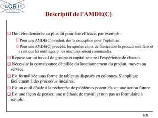 5/21
❑ Doit être démarrée au plus tôt pour être efficace, par exemple :
Pour une AMDE(C) produit, dès la conception pour l’optimiser.
Pour une AMDE(C) procédé, lorsque les choix de fabrication du produit sont faits et
avant que les outillages et les machines soient commandés.
❑ Repose sur un travail de groupe et capitalise ainsi l'expérience de chacun.
❑ Nécessite la connaissance détaillée du fonctionnement du produit, moyen ou
service.
❑ Est formalisée sous forme de tableaux disposés en colonnes. S’applique
facilement à des processus linéaires.
❑ Est un outil d’aide à la recherche de problèmes potentiels sur une action future.
❑ Est une façon de penser, une méthode de travail et non pas un formulaire à
remplir.
Descriptif de l’AMDE(C)
 