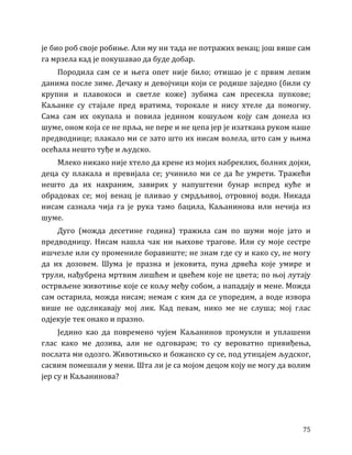 75
је био роб своје робиње. Али му ни тада не потражих венац; још више сам
га мрзела кад је покушавао да буде добар.
Породила сам се и њега опет није било; отишао је с првим лепим
данима после зиме. Дечаку и девојчици који се родише заједно (били су
крупни и плавокоси и светле коже) зубима сам пресекла пупкове;
Каљанке су стајале пред вратима, торокале и нису хтеле да помогну.
Сама сам их окупала и повила једином кошуљом коју сам донела из
шуме, оном која се не прља, не пере и не цепа јер је изаткана руком наше
предводнице; плакало ми се зато што их нисам волела, што сам у њима
осећала нешто туђе и људско.
Млеко никако није хтело да крене из мојих набреклих, болних дојки,
деца су плакала и превијала се; учинило ми се да ће умрети. Тражећи
нешто да их нахраним, завирих у напуштени бунар испред куће и
обрадовах се; мој венац је пливао у смрдљивој, отровној води. Никада
нисам сазнала чија га је рука тамо бацила, Каљанинова или нечија из
шуме.
Дуго (можда десетине година) тражила сам по шуми моје јато и
предводницу. Нисам нашла чак ни њихове трагове. Или су моје сестре
ишчезле или су промениле боравиште; не знам где су и како су, не могу
да их дозовем. Шума је празна и јековита, пуна дрвећа које умире и
трули, нађубрена мртвим лишћем и цвећем које не цвета; по њој лутају
острвљене животиње које се кољу међу собом, а нападају и мене. Можда
сам остарила, можда нисам; немам с ким да се упоредим, а воде извора
више не одсликавају мој лик. Кад певам, нико ме не слуша; мој глас
одјекује тек онако и празно.
Једино као да повремено чујем Каљанинов промукли и уплашени
глас како ме дозива, али не одговарам; то су вероватно привиђења,
послата ми одозго. Животињско и божанско су се, под утицајем људског,
сасвим помешали у мени. Шта ли је са мојом децом коју не могу да волим
јер су и Каљанинова?
 