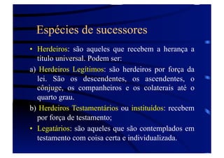 Espécies de sucessores
•  Herdeiros: são aqueles que recebem a herança a
título universal. Podem ser:
a) Herdeiros Legítimos: são herdeiros por força da
lei. São os descendentes, os ascendentes, o
cônjuge, os companheiros e os colaterais até o
quarto grau.
b) Herdeiros Testamentários ou instituídos: recebem
por força de testamento;
•  Legatários: são aqueles que são contemplados em
testamento com coisa certa e individualizada.

 