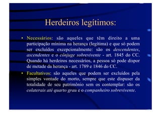 Herdeiros legítimos:
•  Necessários: são aqueles que têm direito a uma
participação mínima na herança (legítima) e que só podem
ser excluídos excepcionalmente: são os descendentes,
ascendentes e o cônjuge sobrevivente - art. 1845 do CC.
Quando há herdeiros necessários, a pessoa só pode dispor
de metade da herança - art. 1789 e 1846 do CC.
•  Facultativos: são aqueles que podem ser excluídos pela
simples vontade do morto, sempre que este dispuser da
totalidade de seu patrimônio sem os contemplar: são os
colaterais até quarto grau e o companheiro sobrevivente.

 