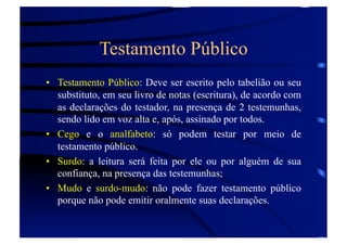 Testamento Público
•  Testamento Público: Deve ser escrito pelo tabelião ou seu
substituto, em seu livro de notas (escritura), de acordo com
as declarações do testador, na presença de 2 testemunhas,
sendo lido em voz alta e, após, assinado por todos.
•  Cego e o analfabeto: só podem testar por meio de
testamento público.
•  Surdo: a leitura será feita por ele ou por alguém de sua
confiança, na presença das testemunhas;
•  Mudo e surdo-mudo: não pode fazer testamento público
porque não pode emitir oralmente suas declarações.

 