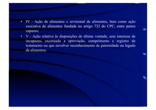 •  IV - Ação de alimentos e revisional de alimentos, bem como ação
executiva de alimentos fundada no artigo 732 do CPC, entre partes
capazes;
•  V - Ação relativa às disposições de última vontade, sem interesse de
incapazes, excetuada a aprovação, cumprimento e registro de
testamento ou que envolver reconhecimento de paternidade ou legado
de alimentos;

 