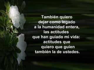 También quiero
dejar como legado
a la humanidad entera,
las actitudes
que han guiado mi vida:
actitudes que
quiero que guíen
también la de ustedes.
 