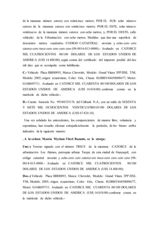 de la manzana número catorce con veinticinco metros; POR EL SUR: solar número
catorce de la manzana catorce con veinticinco metros; POR EL ESTE, solar número
veintinueve de la manzana número catorce con ocho metros; y, POR EL OESTE, calle
vehícular de la Urbanización con ocho metros. Medidas que dan una superficie de
doscientos metros cuadrados. CODIGO CATASTRAL: noventa y ocho-cero cero
catorce-cero trece-cero cero cero cero (98-0014-013-0000).- Avaluado en CATORCE
MIL CUATROCIENTOS 00/100 DOLARES DE LOS ESTADOS UNIDOS DE
AMERICA (US$ 14.400.00), según consta del certificado del impuesto predial del dos
mil diez que se acompaña como habilitante.
C.- Vehículo Placa BBH0893, Marca: Chevrolet, Modelo: Grand Vitara 3PP DXL T/M,
Modelo: 2005; origen: ecuatoriano, Color: Gris, Chasis: 8LDBSV44450008677, Motor:
G16B695711. Avaluado en CATORCE MIL CUARENTA 00/100 DOLARES DE LOS
ESTADOS UNIDOS DE AMERICA (US$ 14.010.00) conforme consta en la
matrícula de dicho vehículo.-
D.- Cuenta bancaria No. 99348335176 del Citibank N.A., con un saldo de SESENTA
Y SIETE MIL OCHOCIENTOS VEINTICUATRO10/100 DOLARES DE LOS
ESTADOS UNIDOS DE AMERICA (US$ 67.824.10).
Una vez señalado los antecedentes, los comparecientes de manera libre, voluntaria y
espontánea, han resuelto efectuar extrajudicialmente la partición, de los bienes arriba
indicados de la siguiente manera:
. A la señora Marcia Myriam Viteri Bazante, se le otorga:
Uno.-) Terreno signado con el número TRECE de la manzana CATORCE de la
urbanización Los Alamos, parroquia urbana Tarqui, de esta ciudad de Guayaquil, con
código catastral: noventa y ocho-cero cero catorce-ero trece-cero cero cero cero (98-
0014-013-0000.- Avaluado en CATORCE MIL CUATROCIENTOS 00/100
DOLARES DE LOS ESTADOS UNIDOS DE AMERICA (US$ 14.400.00);
Dos.-) Vehículo Placa BBH0893, Marca: Chevrolet, Modelo: Grand Vitara 3PP DXL
T/M, Modelo: 2005; origen: ecuatoriano, Color: Gris, Chasis: 8LDBSV44450008677,
Motor: G16B695711. Avaluado en CATORCE MIL CUARENTA 00/100 DOLARES
DE LOS ESTADOS UNIDOS DE AMERICA (US$ 14.010.00) conforme consta en
la matrícula de dicho vehículo.-
 
