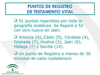 PUNTOS DE REGISTRO
DE TESTAMENTO VITAL
 51 puntos repartidos por toda la
geografía andaluza. Se llegará a 52
con otro nuevo en Jaén.
 Almería (4), Cádiz (5), Córdoba (4),
Granada (7), Huelva (5), Jaén (9),
Málaga (7) y Sevilla (10).
 Un punto de Registro a menos de 30
minutos de cada ciudadano/a

 