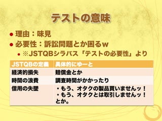 テストの意味
  理由：味見
  必要性：訴訟問題とか困るｗ
  ※JSTQBシラバス「テストの必要性」より
JSTQBの定義 具体的にゆーと
経済的損失 賠償金とか
時間の浪費 調査時間がかかったり
信用の失墜 ・もう、オタクの製品買いませんッ！
・もう、オタクとは取引しませんッ！
とか。
 