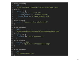 1   stub_request(
 2     :get,
 3     "https://graph.facebook.com/oauth/access_token"
 4   ).with(
 5     :query => {
 6       :client_id => "client id",
 7       :client_secret => "client secret",
 8       :grant_type => "client_credentials"
 9     }
10   ).to_return(
11     :body => "access_token=a1b2c3du4e5"
12   )
13
14   stub_request(
15     :post,
16     "https://api.twitter.com/1/statuses/update.json"
17   ).with(
18     :query => {
19       :status => "hello #rsonrails"
20     }
21   ).to_return(
22     :status => 200,
23     :body => "{"id":83174481385556480}"
24   )
25
26   stub_request(
27     :put,
28     /s3.amazonaws.com/
29   )

                                                          20
 