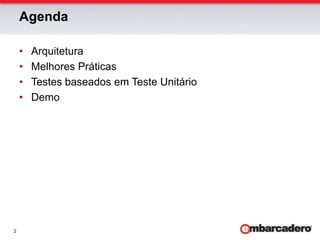 AgendaArquiteturaMelhores PráticasTestes baseados em Teste UnitárioDemo