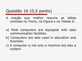 Questão 16 (0,5 ponto)
A oração que melhor resume as idéias
contidas no Texto, na Figura e na Tabela é:
a] Most computers are equipped with data
communication facilities.
b] Computers are also used in education and
business.
c] A computer is not only a machine but also a
system.
 