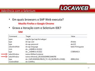 Aderência com o Selenium
• Em quais browsers o SAP Web executa?
Mozilla Firefox e Google Chrome

• Grava a iteração com o Selenium IDE?
SIM

October 28, 2013

30

 