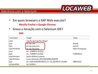 Aderência com o Selenium
• Em quais browsers o SAP Web executa?
Mozilla Firefox e Google Chrome

• Grava a iteração com o Selenium IDE?
SIM

October 28, 2013

36

 