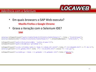 Aderência com o Selenium
• Em quais browsers o SAP Web executa?
Mozilla Firefox e Google Chrome

• Grava a iteração com o Selenium IDE?
SIM

October 28, 2013

45

 