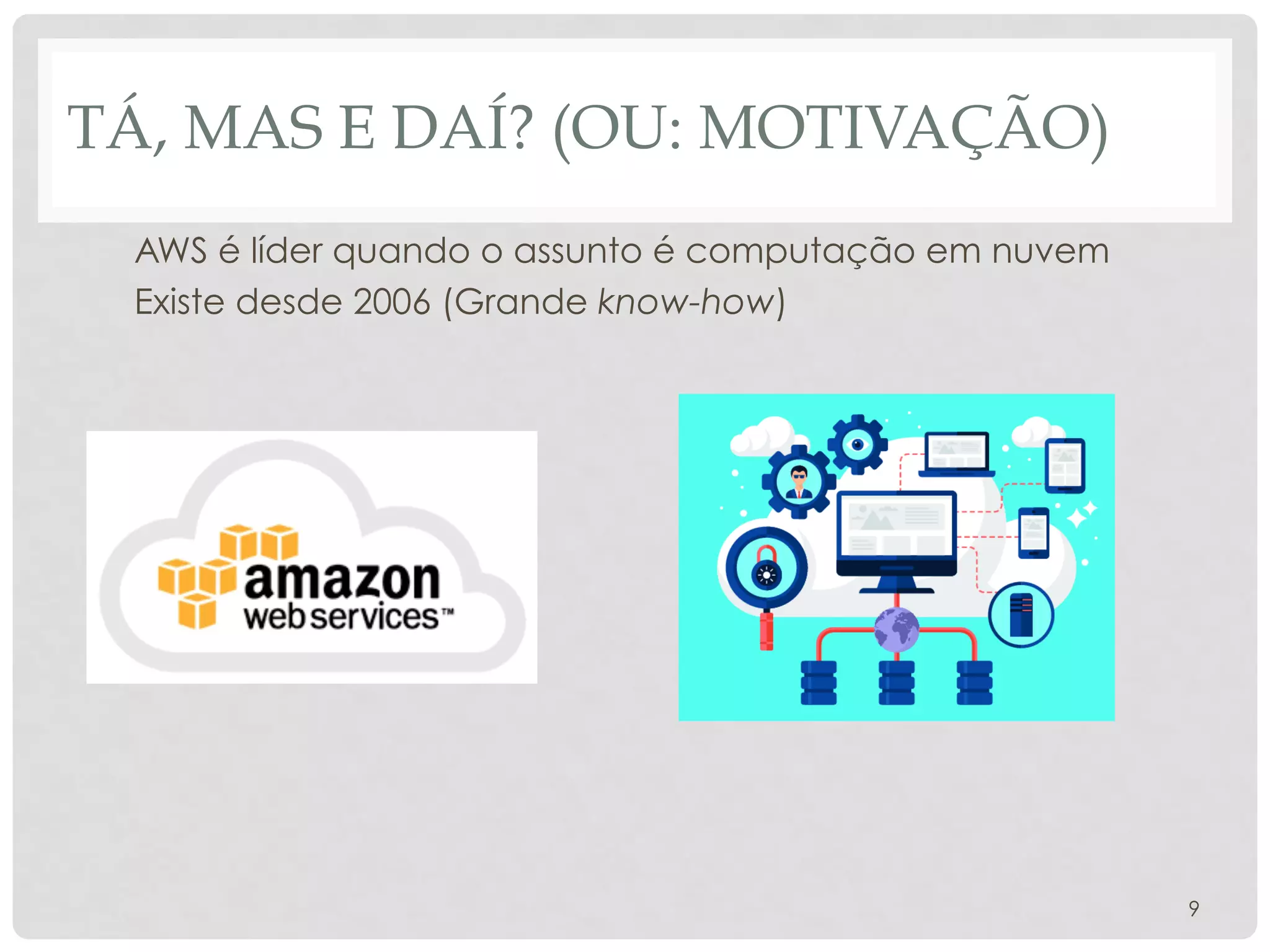 TÁ, MAS E DAÍ? (OU: MOTIVAÇÃO)
AWS é líder quando o assunto é computação em nuvem
Existe desde 2006 (Grande know-how)
9
 