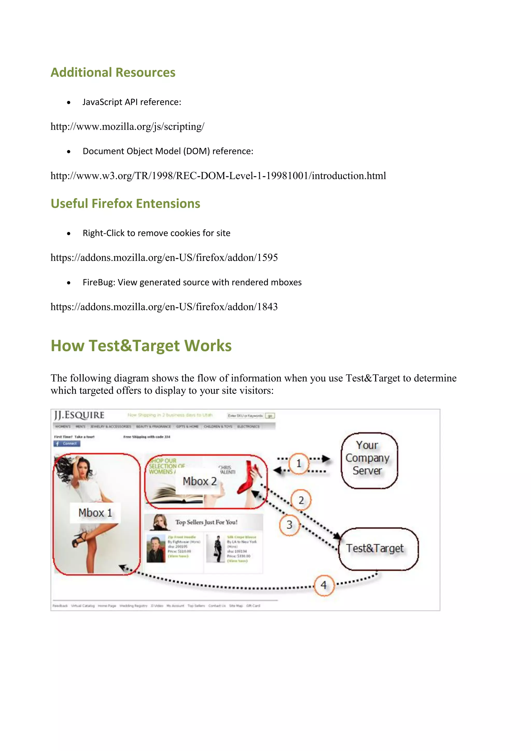 Additional Resources
      JavaScript API reference:

http://www.mozilla.org/js/scripting/

      Document Object Model (DOM) reference:

http://www.w3.org/TR/1998/REC-DOM-Level-1-19981001/introduction.html

Useful Firefox Entensions
      Right-Click to remove cookies for site

https://addons.mozilla.org/en-US/firefox/addon/1595

      FireBug: View generated source with rendered mboxes

https://addons.mozilla.org/en-US/firefox/addon/1843


How Test&Target Works
The following diagram shows the flow of information when you use Test&Target to determine
which targeted offers to display to your site visitors:
 