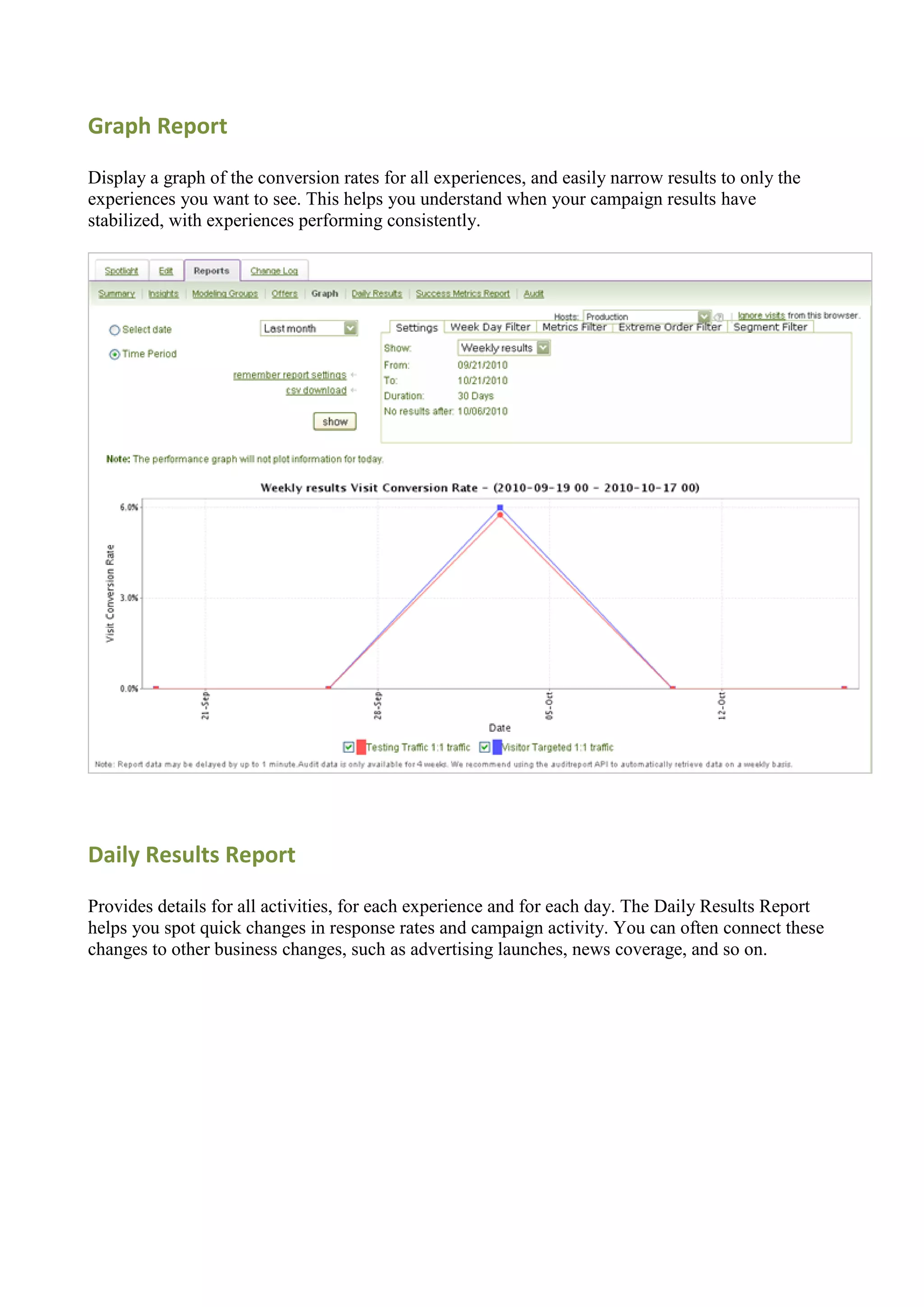 Graph Report

Display a graph of the conversion rates for all experiences, and easily narrow results to only the
experiences you want to see. This helps you understand when your campaign results have
stabilized, with experiences performing consistently.




Daily Results Report

Provides details for all activities, for each experience and for each day. The Daily Results Report
helps you spot quick changes in response rates and campaign activity. You can often connect these
changes to other business changes, such as advertising launches, news coverage, and so on.
 
