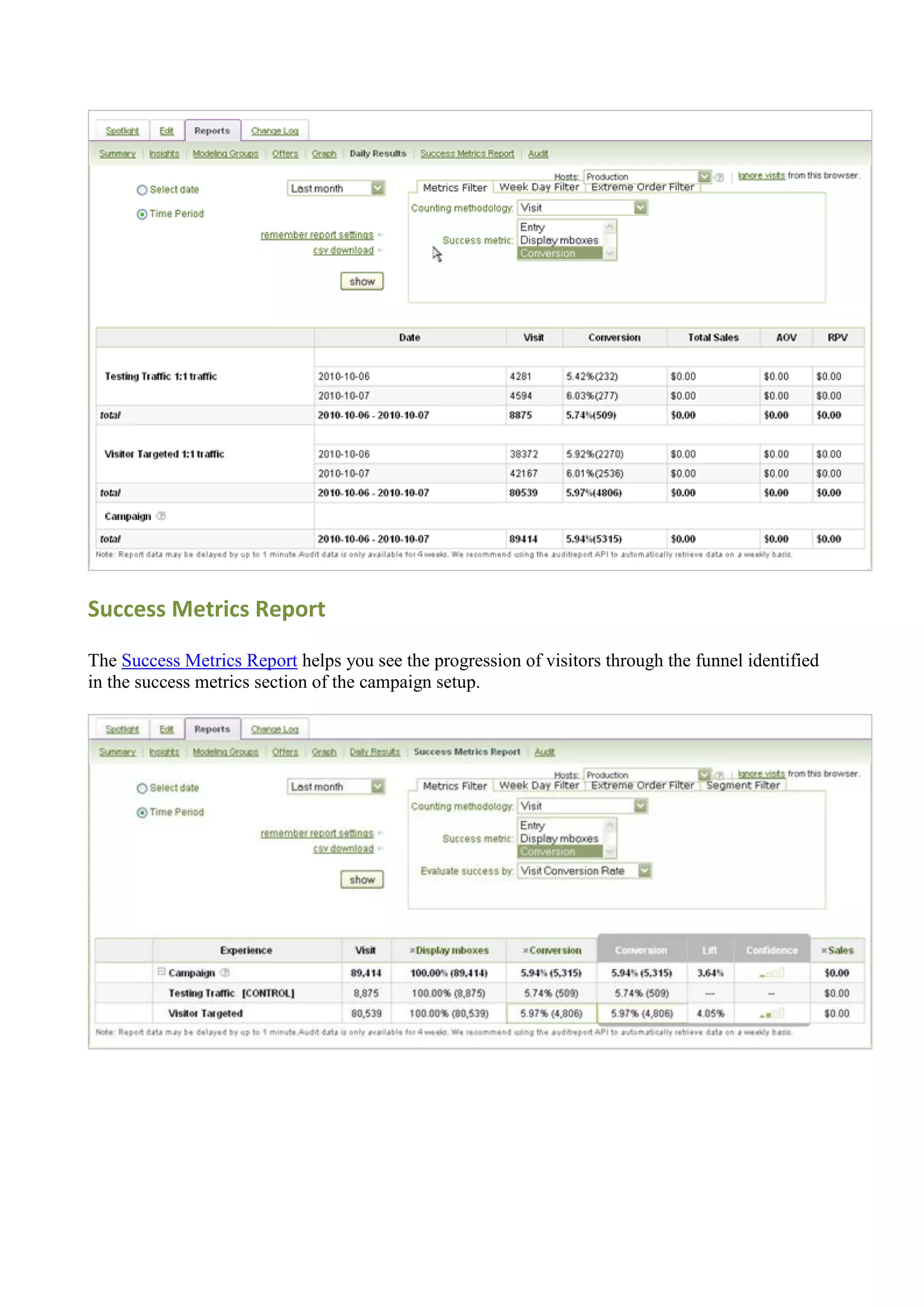 Success Metrics Report

The Success Metrics Report helps you see the progression of visitors through the funnel identified
in the success metrics section of the campaign setup.
 