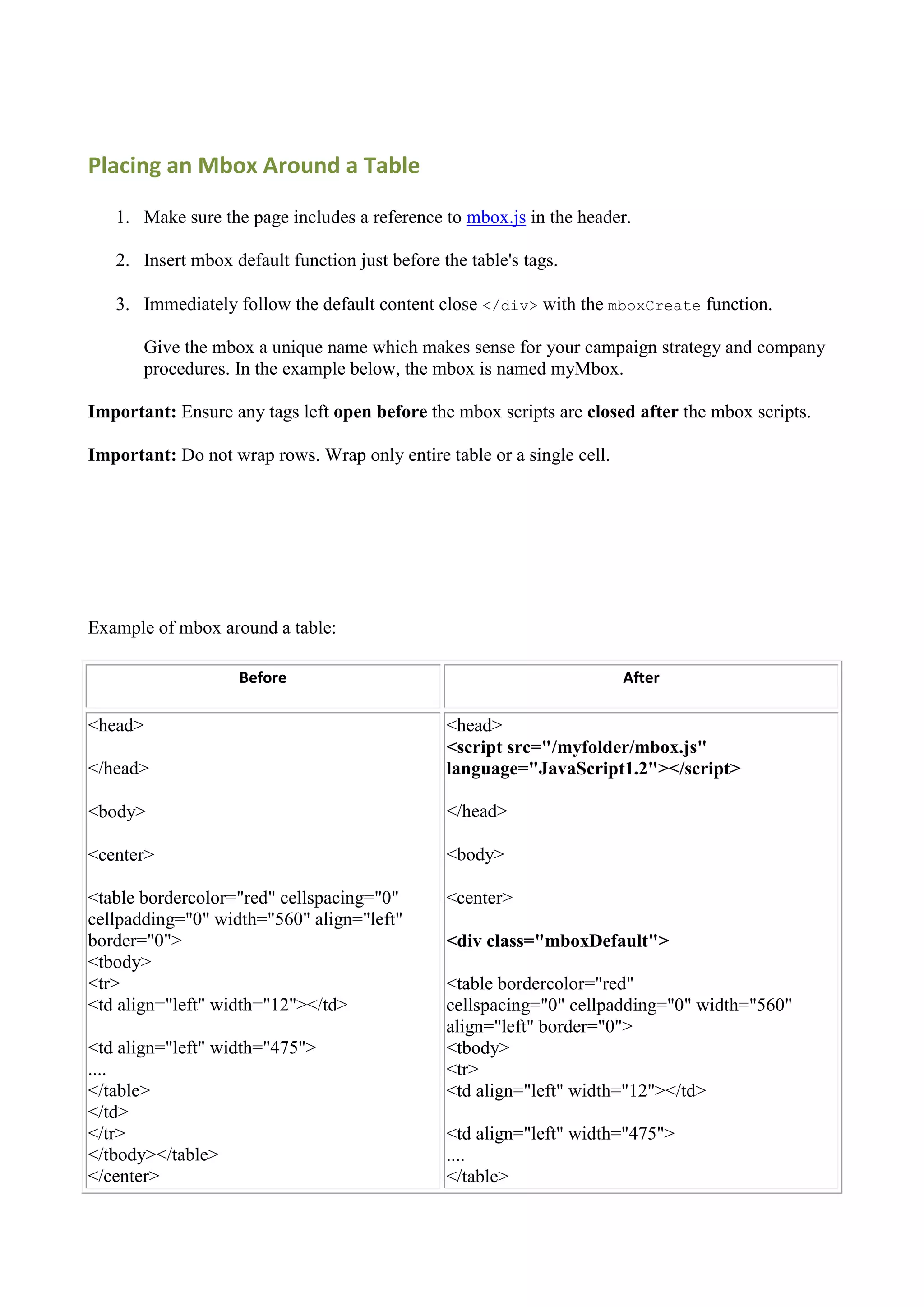 Placing an Mbox Around a Table

   1. Make sure the page includes a reference to mbox.js in the header.

   2. Insert mbox default function just before the table's tags.

   3. Immediately follow the default content close </div> with the mboxCreate function.

       Give the mbox a unique name which makes sense for your campaign strategy and company
       procedures. In the example below, the mbox is named myMbox.

Important: Ensure any tags left open before the mbox scripts are closed after the mbox scripts.

Important: Do not wrap rows. Wrap only entire table or a single cell.




Example of mbox around a table:

                    Before                                              After

<head>                                          <head>
                                                <script src="/myfolder/mbox.js"
</head>                                         language="JavaScript1.2"></script>

<body>                                          </head>

<center>                                        <body>

<table bordercolor="red" cellspacing="0"        <center>
cellpadding="0" width="560" align="left"
border="0">                                     <div class="mboxDefault">
<tbody>
<tr>                                            <table bordercolor="red"
<td align="left" width="12"></td>               cellspacing="0" cellpadding="0" width="560"
                                                align="left" border="0">
<td align="left" width="475">                   <tbody>
....                                            <tr>
</table>                                        <td align="left" width="12"></td>
</td>
</tr>                                           <td align="left" width="475">
</tbody></table>                                ....
</center>                                       </table>
 
