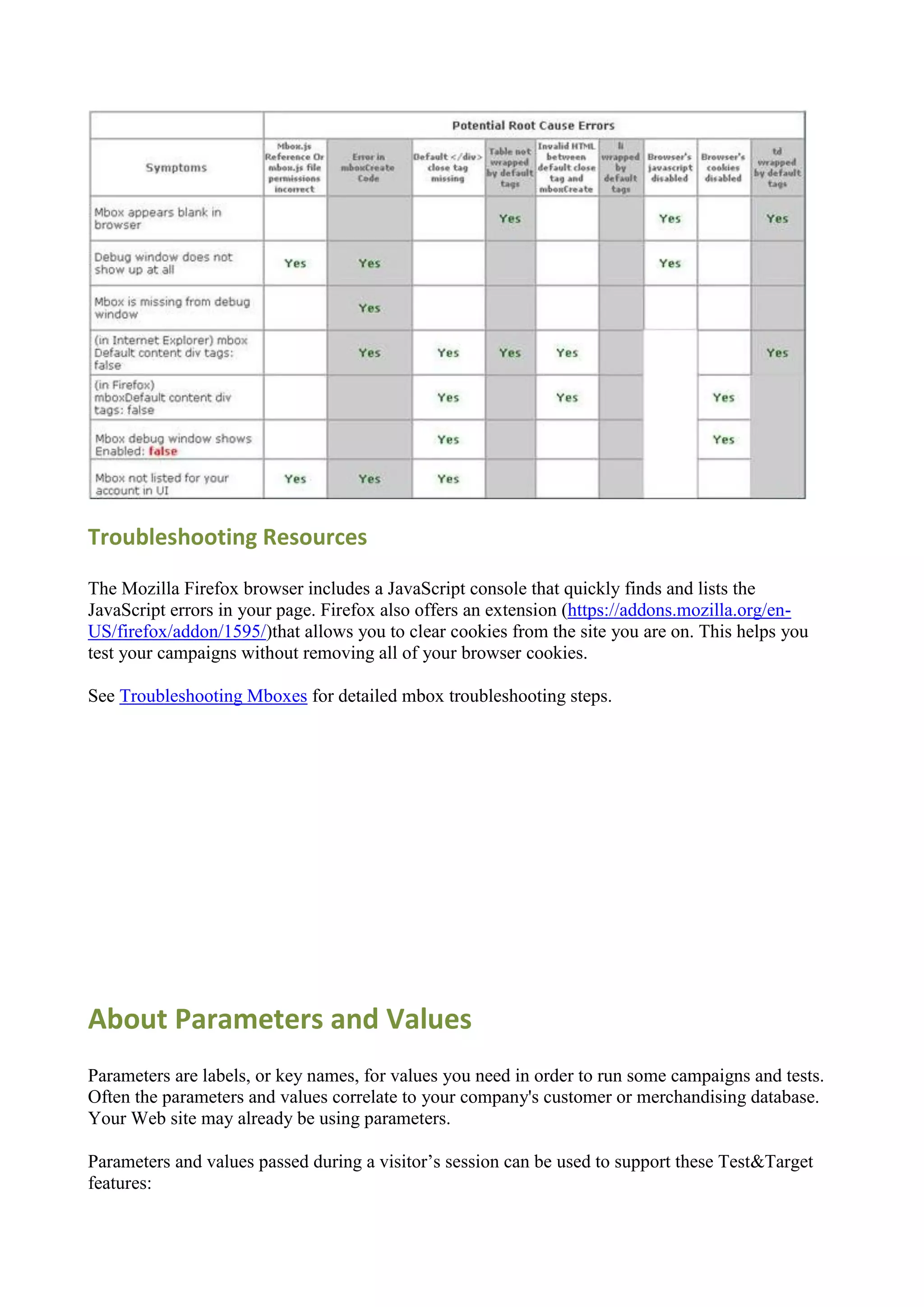 Troubleshooting Resources

The Mozilla Firefox browser includes a JavaScript console that quickly finds and lists the
JavaScript errors in your page. Firefox also offers an extension (https://addons.mozilla.org/en-
US/firefox/addon/1595/)that allows you to clear cookies from the site you are on. This helps you
test your campaigns without removing all of your browser cookies.

See Troubleshooting Mboxes for detailed mbox troubleshooting steps.




About Parameters and Values
Parameters are labels, or key names, for values you need in order to run some campaigns and tests.
Often the parameters and values correlate to your company's customer or merchandising database.
Your Web site may already be using parameters.

Parameters and values passed during a visitor‟s session can be used to support these Test&Target
features:
 