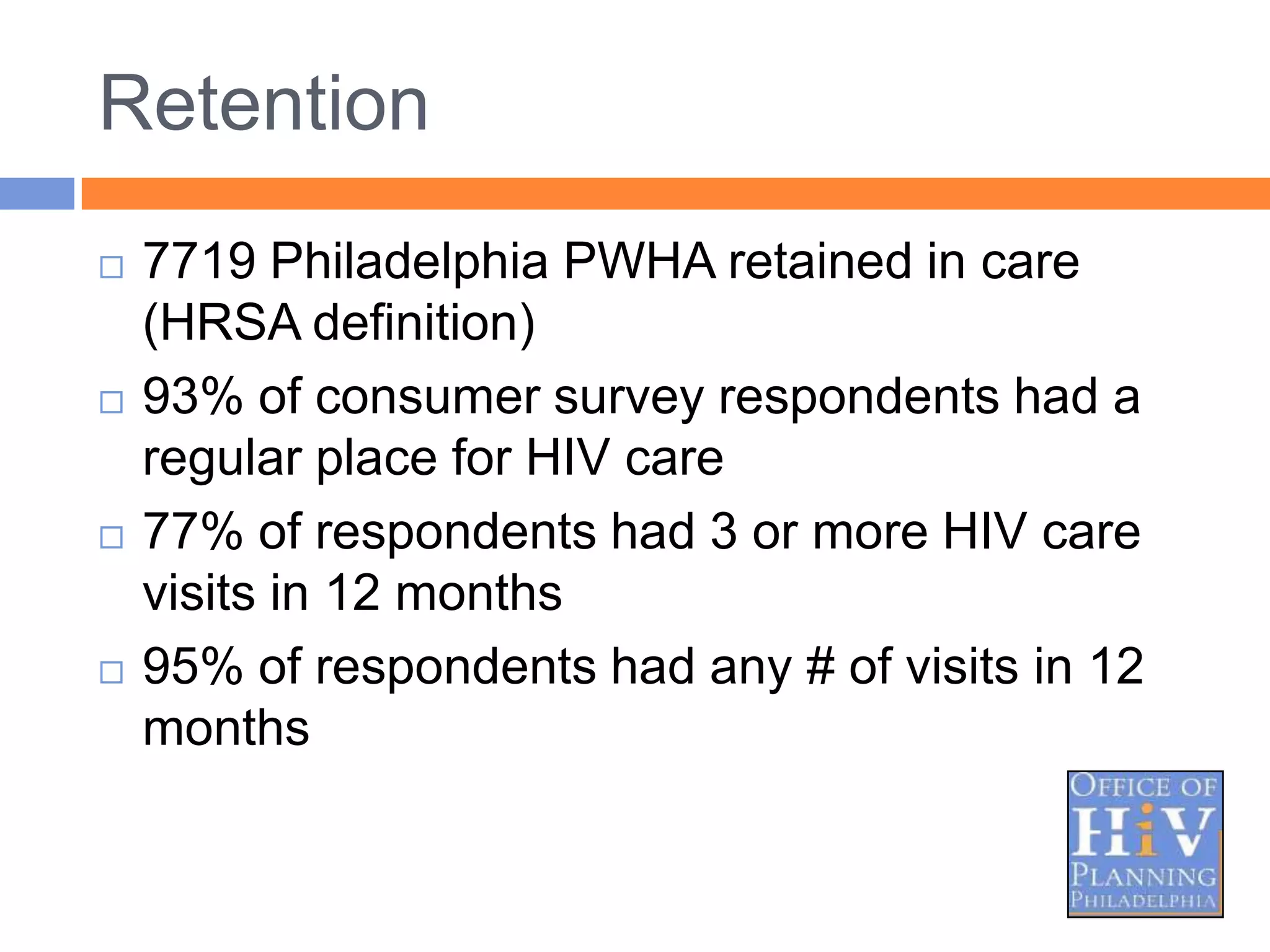 Retention
   7719 Philadelphia PWHA retained in care
    (HRSA definition)
   93% of consumer survey respondents had a
    regular place for HIV care
   77% of respondents had 3 or more HIV care
    visits in 12 months
   95% of respondents had any # of visits in 12
    months
 